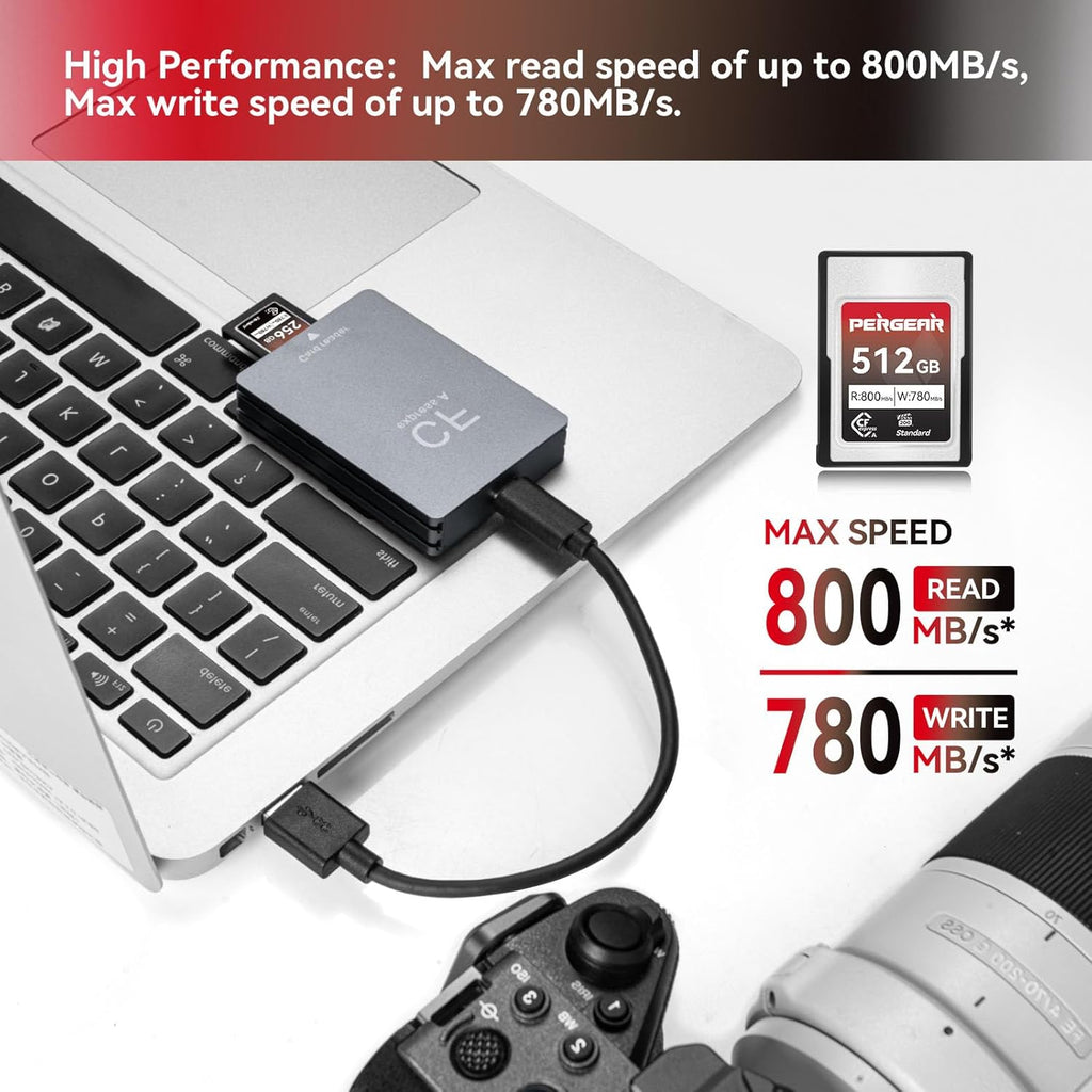 Pergear 512GB CFexpress Type A Memory Card, Up to 800MB/s Read Speed & 780MB/s Write Speed for 4K 120P, 8K 30P Recording,with Card Reader