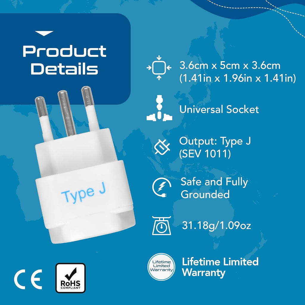 Ceptics Switzerland Travel Plug Adapter (Type J) - 3 Pack [Grounded & Universal] (GP-11A-3PK)