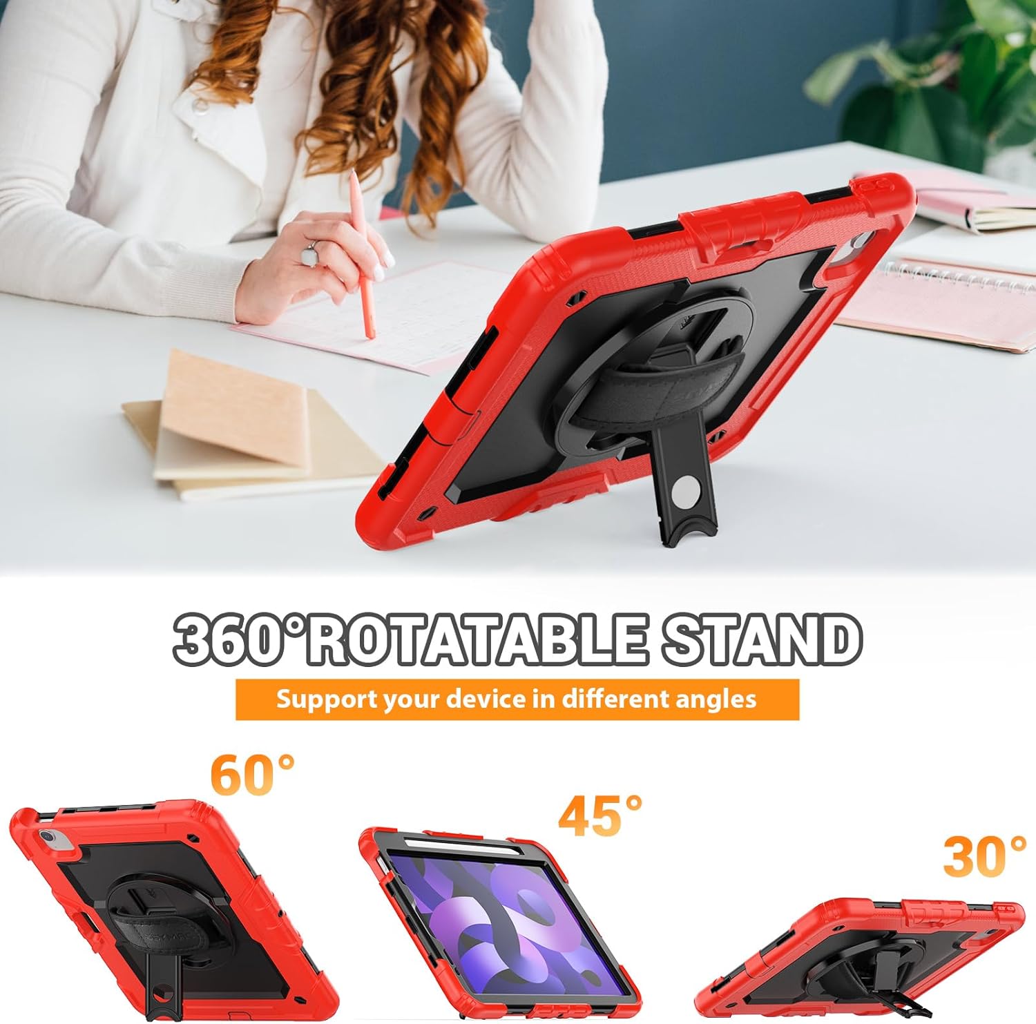 SEYMAC for iPad Air 5th/4th Generation Case 10.9 Inch, Full-Body Heavy Duty Protective Case with Rotating Stand, Screen Protector and Hand/Shoulder Strap for Air 5/ Air 4, Red