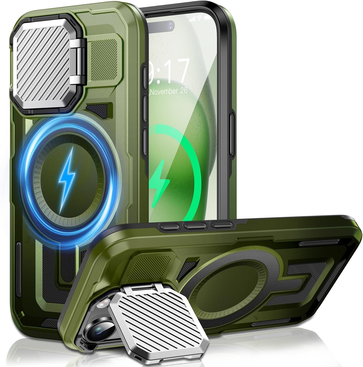 Camera Stand Case for iPhone 15, [Compatible with Mag Safe] [Lens Cover] 2024 Version Military Grade Protective Soft Case for iPhone 15 6.1 inch Men Women, Green