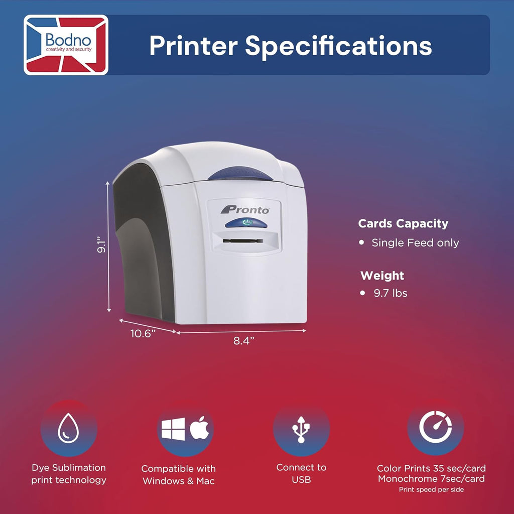 Bodno Magicard Pronto ID Card Printer & Complete Supplies Package ID Software - Silver Edition