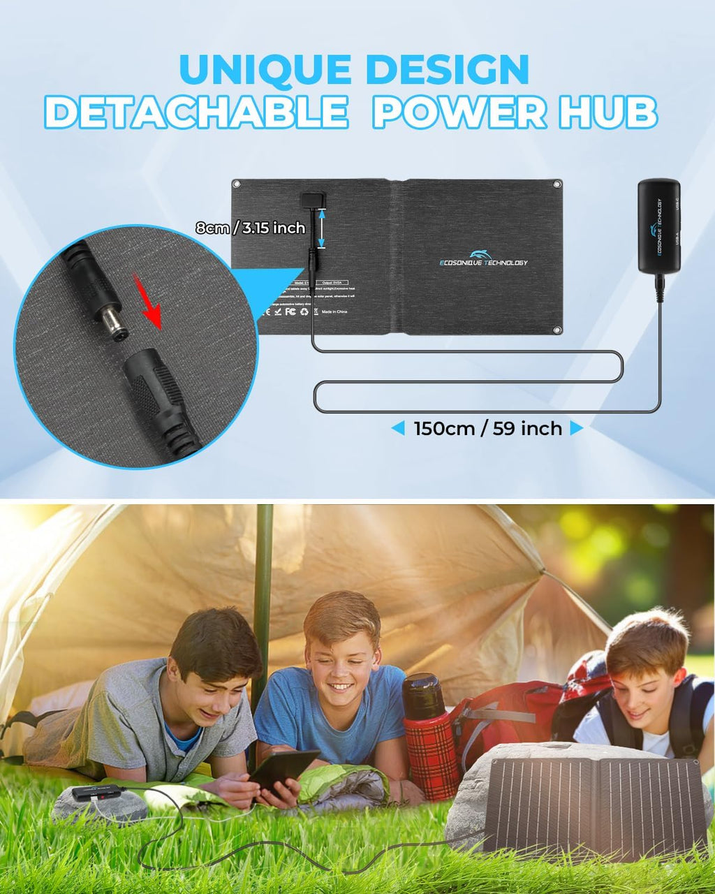 Ecosonique 10W/15W/30W/60W Portable Solar Panel Charger, IP67 Waterproof ETFE USB Solar Phone Charger with Detachable Power Hub, 2025 Latest Version Compatible with iPhone, Power Bank, Smartwatch
