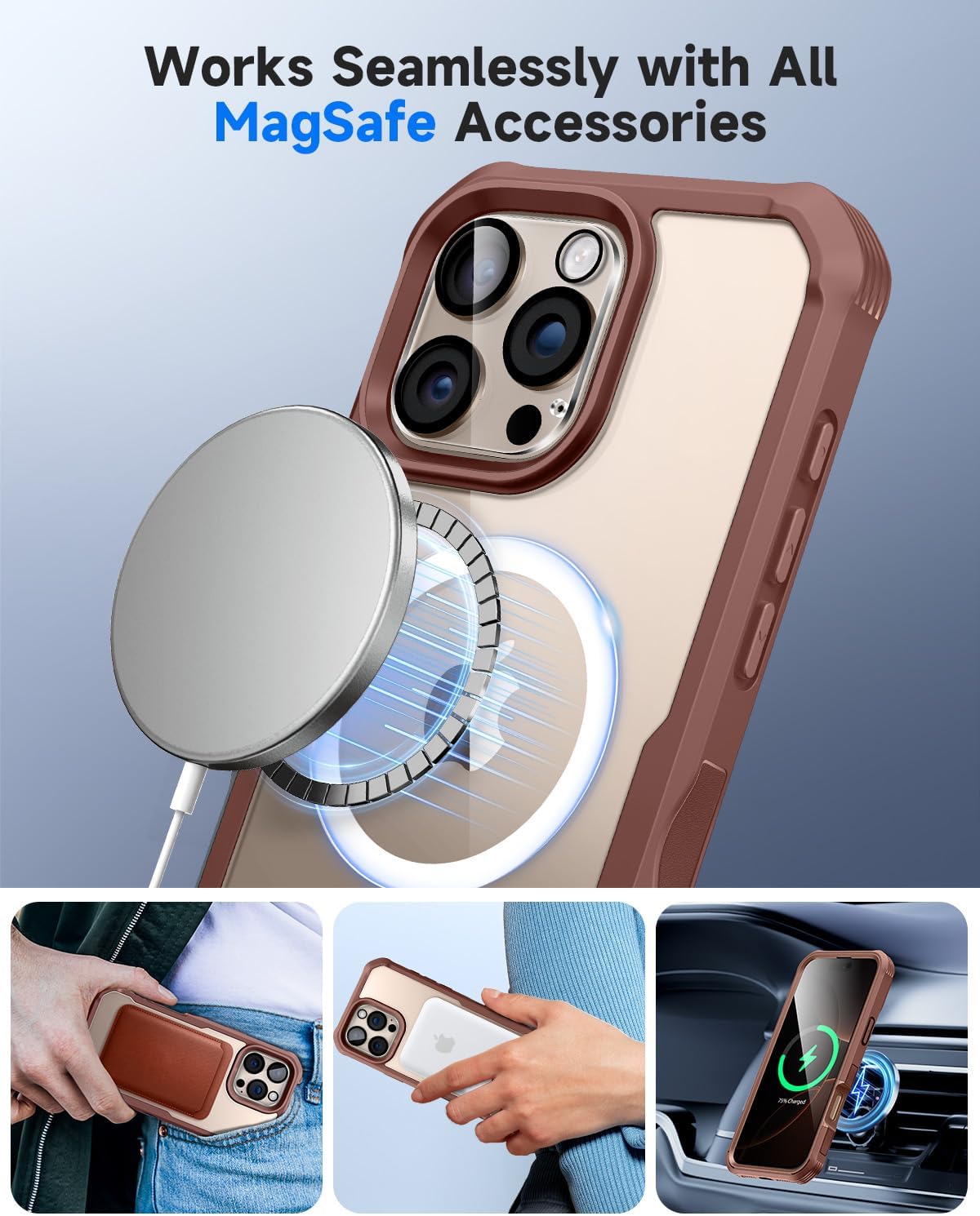 seacosmo for iPhone 16 Pro Max Case, Full Body Bumper with Built-in 9H Tempered Glass Privacy Screen Protector and Camera Lens Protector, Compatible with MagSafe, Shockproof Case, 6.9", Desert Brown