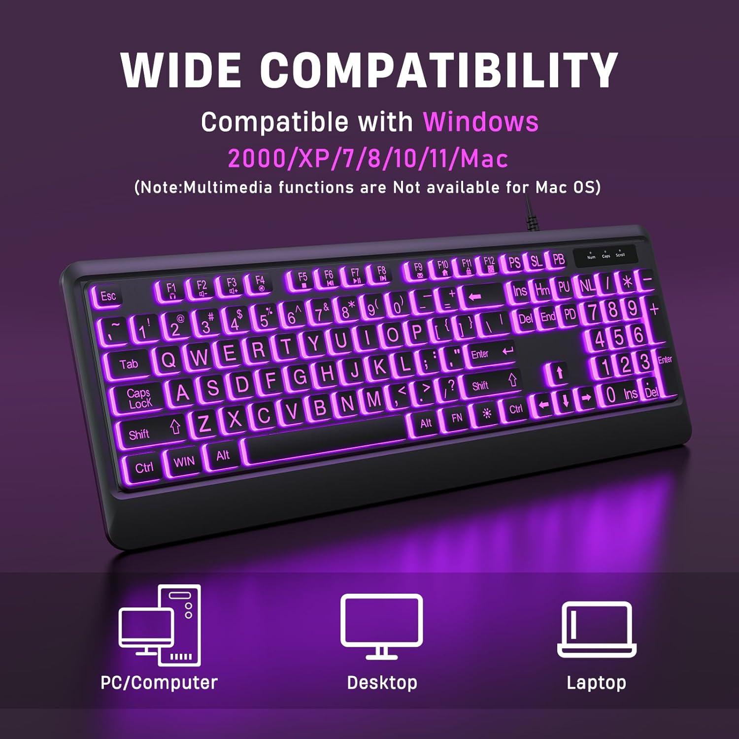 Large Print Keyboard - 7 Interchangeable Backlight Colors, Light Up USB Wired Computer Keyboards, USB Plug-and-Play, Foldable Stands, Corded Full Size Keyboard for Windows, PC, Laptop