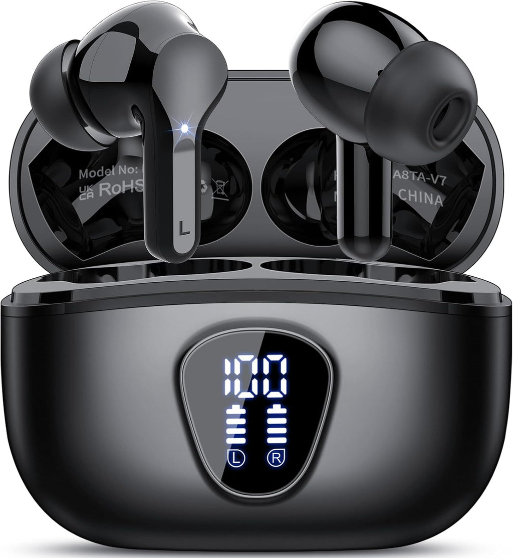 Wireless Earbuds, Bluetooth 5.4 Headphones HiFi Stereo, Bluetooth Earbuds with ENC Noise Cancelling Mic, IP7 Waterproof in Ear Earphones, 48H, LED Display Ear Buds for Pad Workout Sports, Black