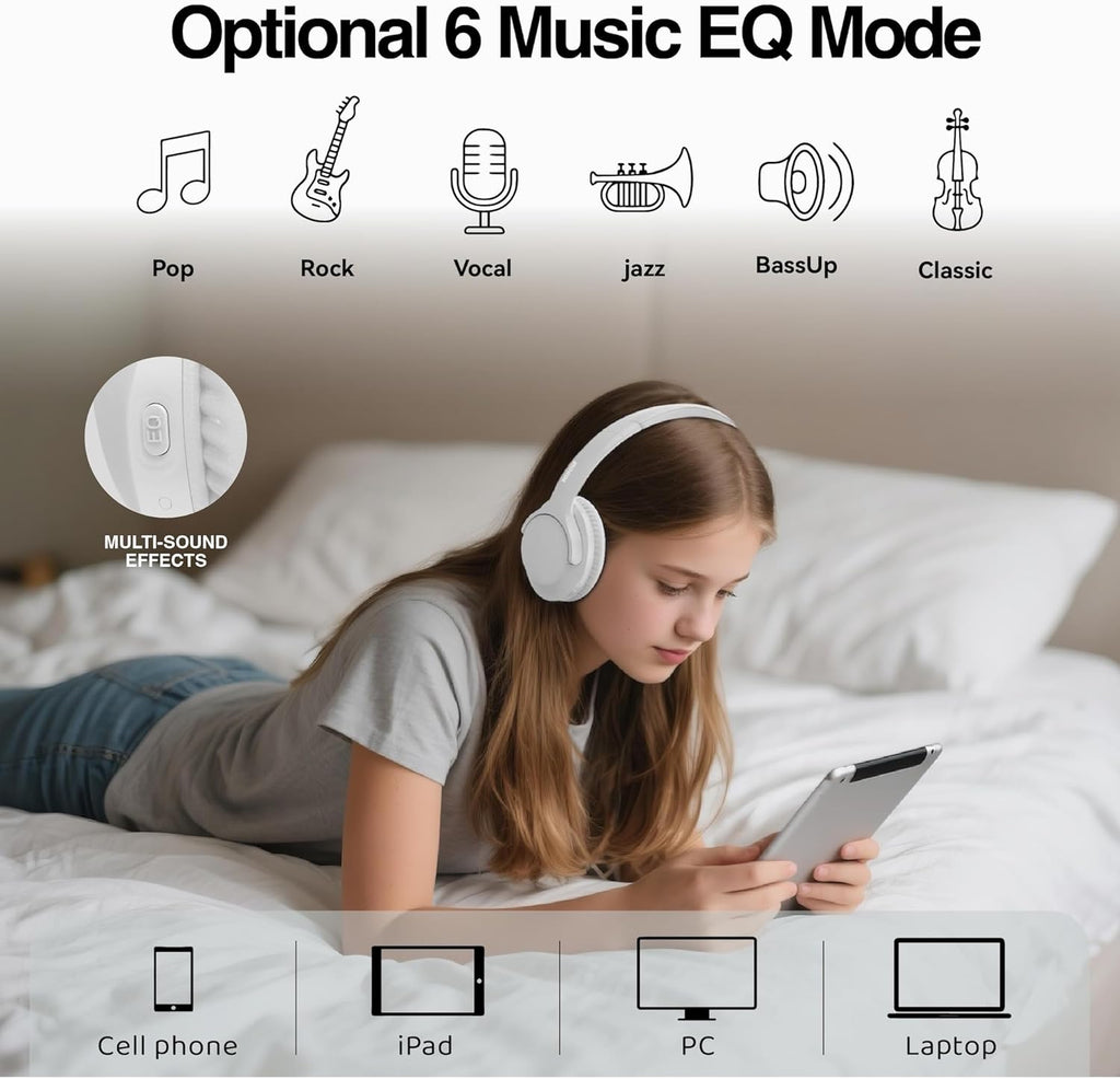 MIDOLA Bluetooth Headphones Over Ear 68H Playtime 6 EQ Wireless Headset with Microphone HiFi Stereo Foldable Lightweight Deep Bass for Travel Home Office Cellphone White