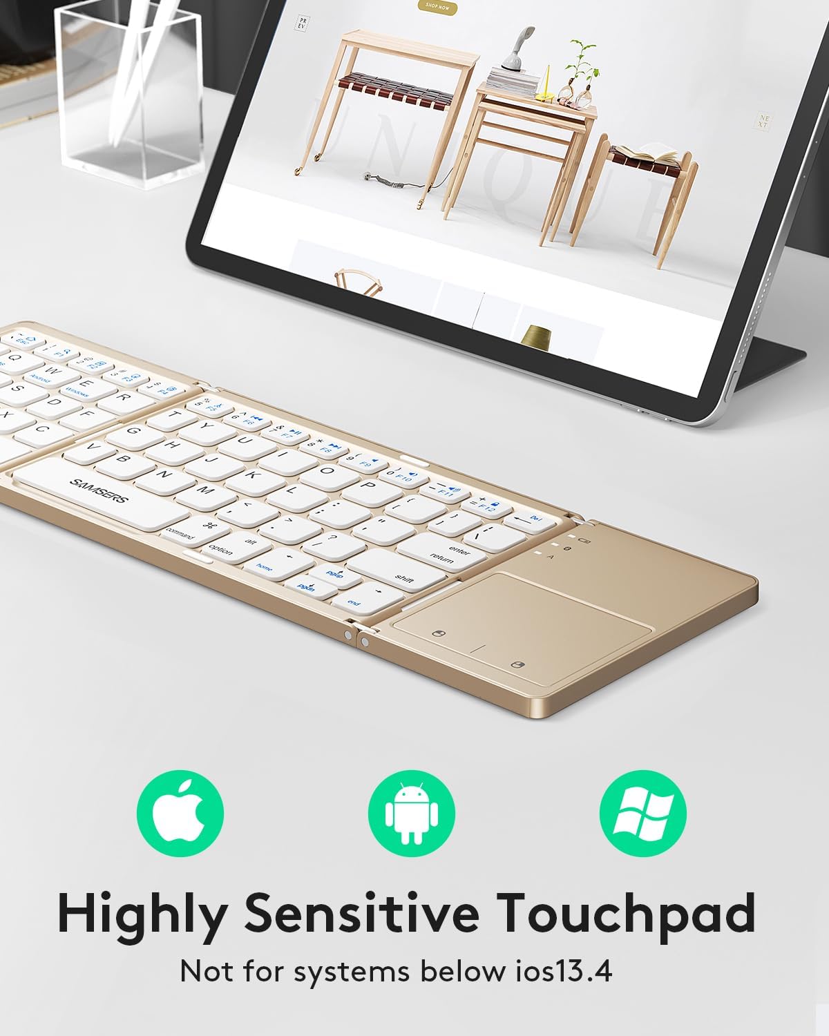 Samsers Foldable Bluetooth Keyboard with Touchpad - Portable Wireless Keyboard with Holder, Rechargeable Full Size Ultra Slim Pocket Folding Keyboards for Android Windows iOS Tablet & Laptop - Gold