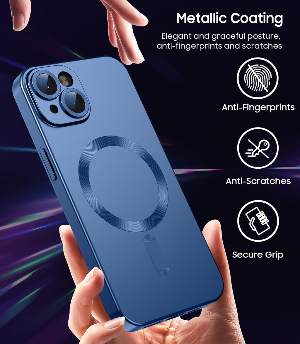 Magnetic for iPhone 14 Case [Compatible with MagSafe][Built-in Camera Lens Protector] Slim Soft Silicone Bumper Shockproof Metallic Luster Phone Case (Blue)