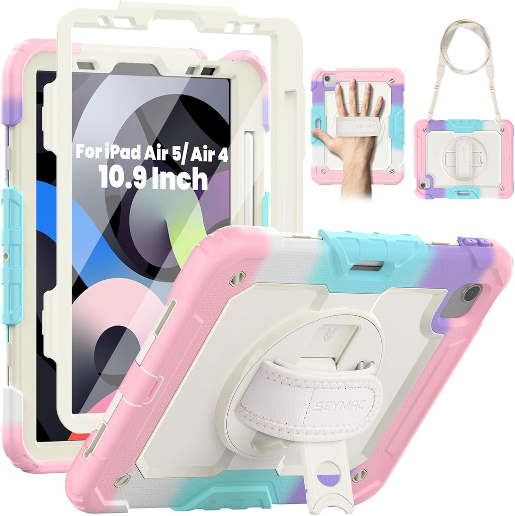 SEYMAC for iPad Air 5th/ 4th Generation Case 10.9", Full-Body Shockproof Protective Case with Screen Protector, Rotating Stand/Handle/Shoulder Strap/Pencil Holder for iPad Air 5/ Air 4, Colorful/Pink