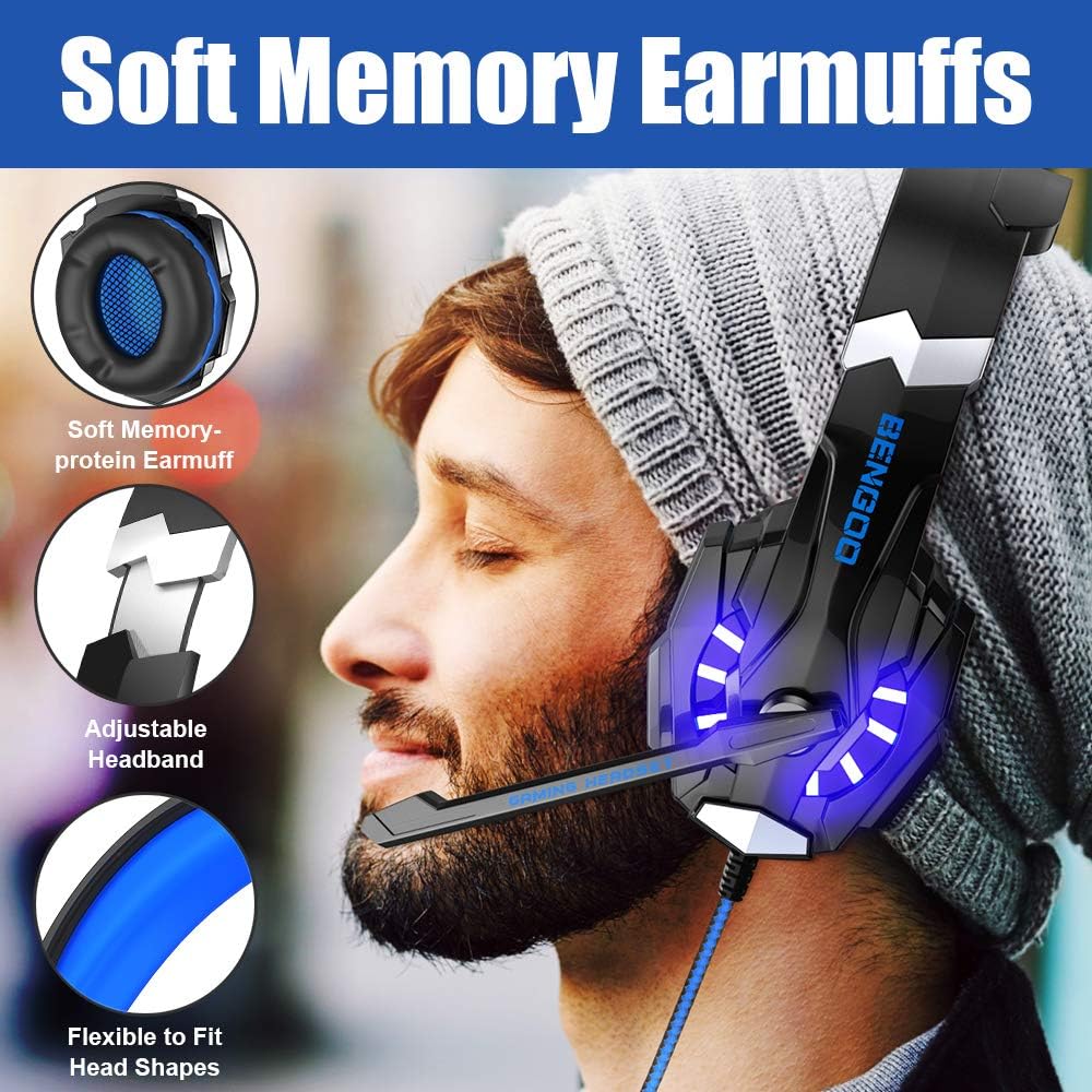 BENGOO G9000 Stereo Gaming Headset for PS4 PC Xbox One PS5 Controller, Noise Cancelling Over Ear Headphones with Mic, LED Light, 7.1 Surround Sound, Soft Memory Earmuffs for Nintendo Xbox Series X|S