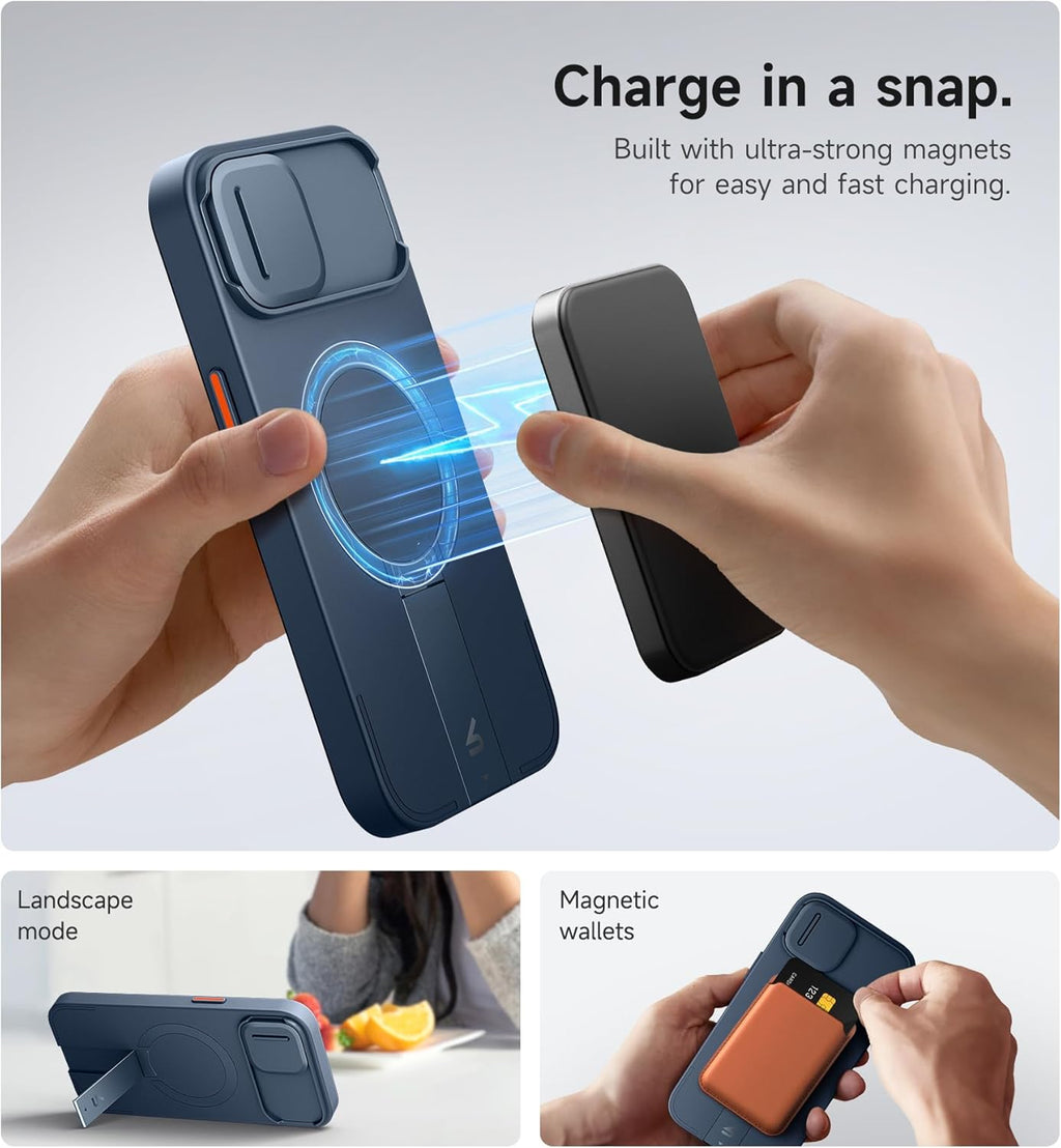SURITCH for iPhone 13/14 Case with Magnetic Camera Slide Cover and Adjustable Kickstand, Compatible with MagSafe, Shockproof Bumper Case Slim Protective Cover for iPhone 13/14 6.1 Inch, Blue