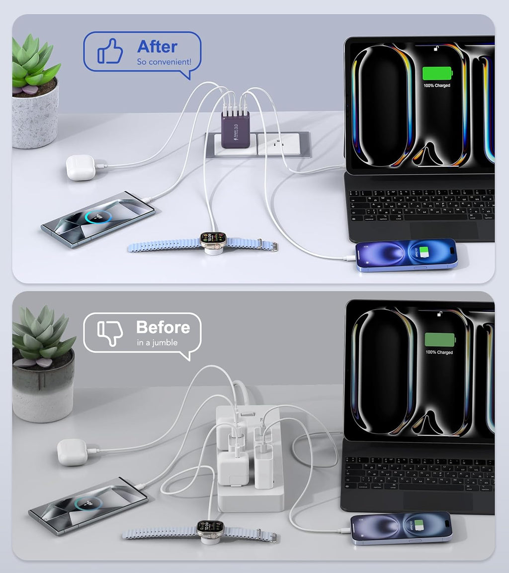 50W 2-Pack USB C Wall Charger Block, 5-Port C Charger Fast Charging Block PD Power Adapter +QC 3.0 Multiport Type C Box Brick Cube USB A Wall Plug for iPhone 16/15/14/13 Pro Max,Samsung Galaxy(Purple)