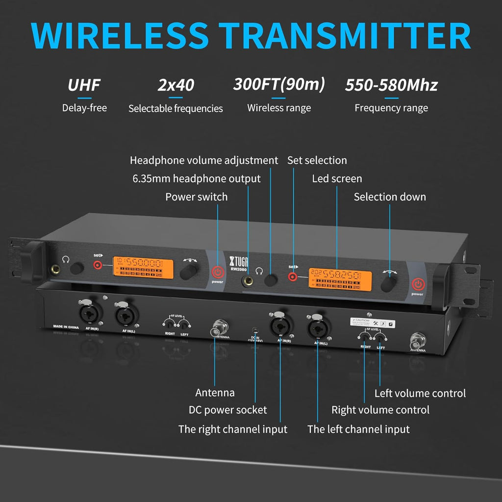 XTUGA RW2080 Wireless in Ear Monitor System Mono with 2 Bodypacks, Dual Channel Design IEM UHF System Stage Monitors Earphone 300Ft Range, 40 Frequencies for Band, Studio, Musicians, 902-928mhz
