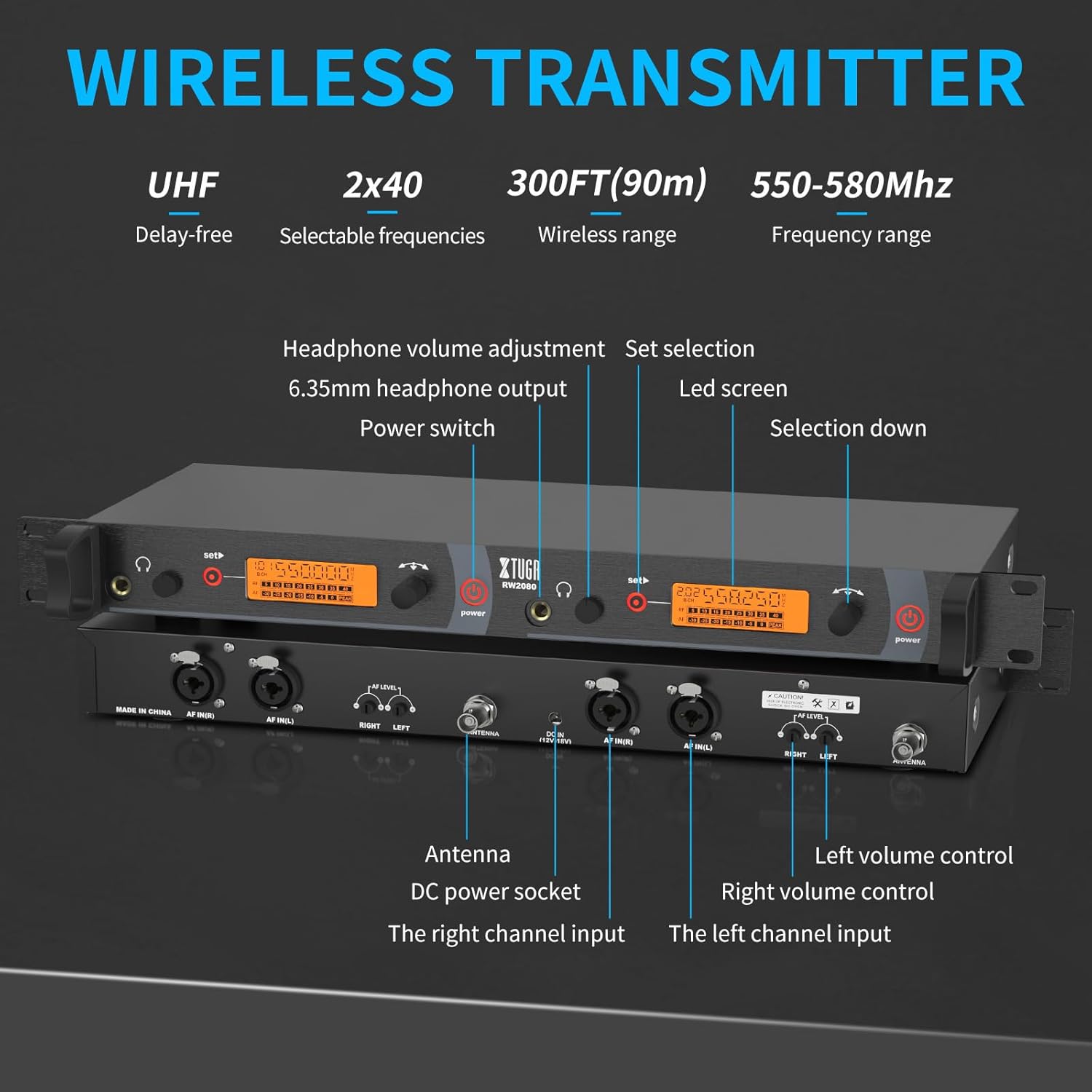 XTUGA RW2080 Wireless in Ear Monitor System 8 Bodypacks UHF IEM System, 2 * 40 Frequencies Mono Design Stage Monitors Earphone, 300Ft for Band, Studio or Musicians, 902-928mhz