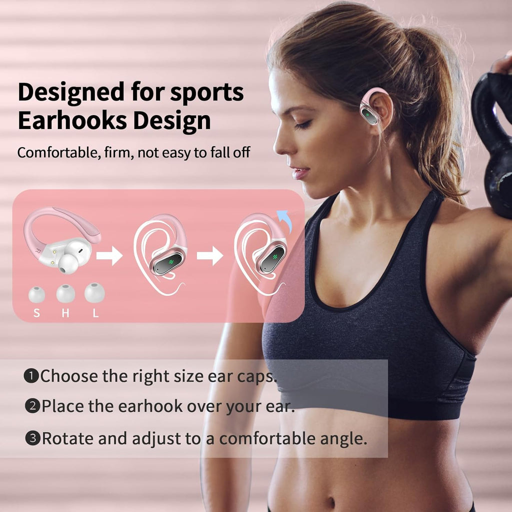 Wireless Earbuds, 2025 Bluetooth 5.4 Headphones Sport, Bluetooth Earbuds with ENC Noise Canceling Mic, 50H Stereo Wireless Headphones IP7 Waterproof with Earhooks, Dual LED Display for Workout/Running