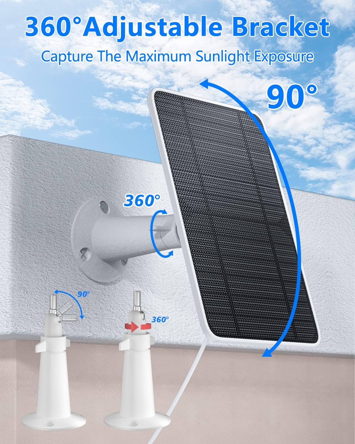 Solar Panel for Security Camera, 5W USB Solar Panel for DC 5V Security Camera, Micro USB & USB-C Port Solar Panel, IP65 Waterproof Solar Charger for Camera,360° Adjustable Mounting 13ft Cable, 4 Pack