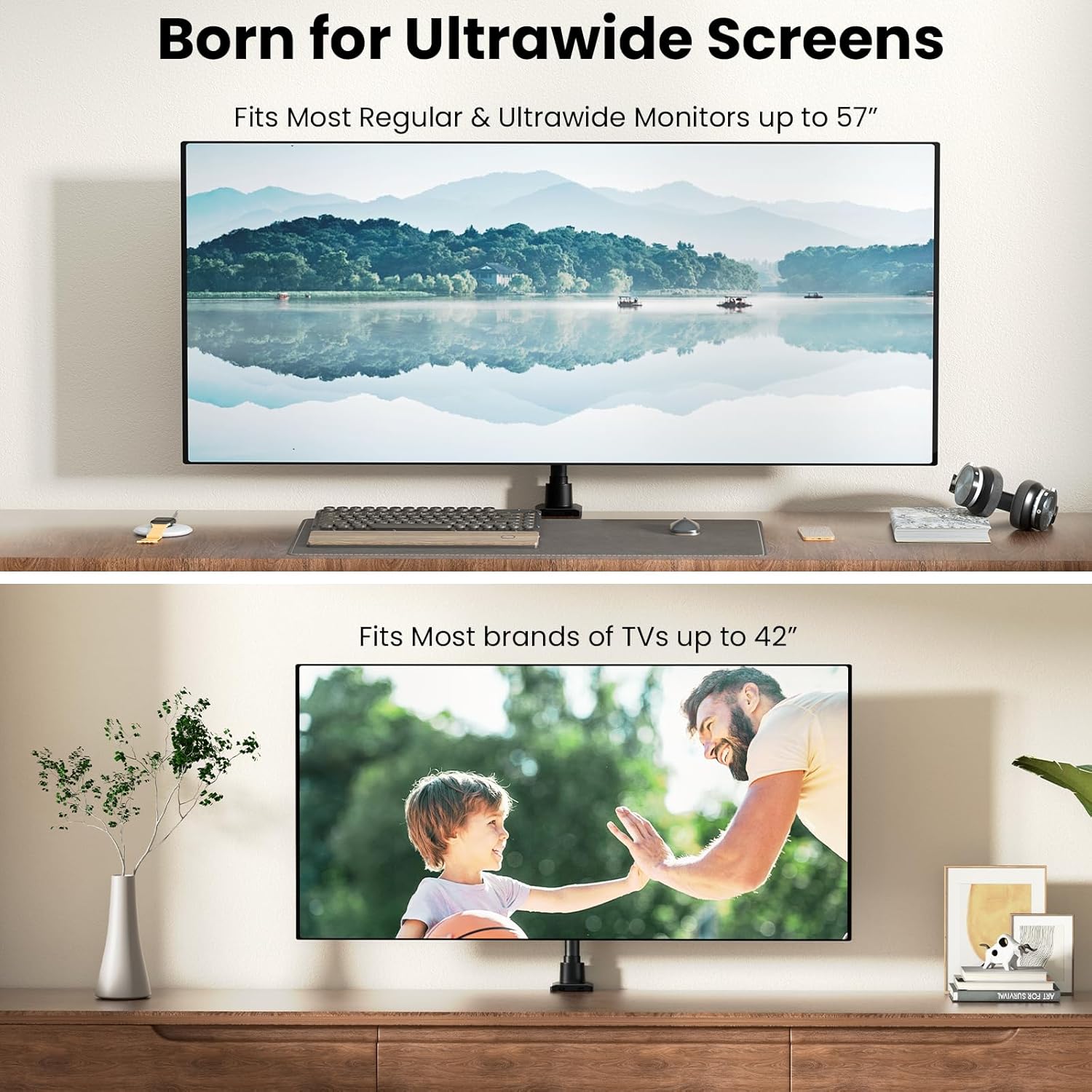 Monitor-Arm Ultrawide Heavy Duty 24-57'' - Aluminum Single Monitor Mount Holds up to 59.4lbs, Adjustable Desk Mount Stand, VESA75/100/200mm, Black