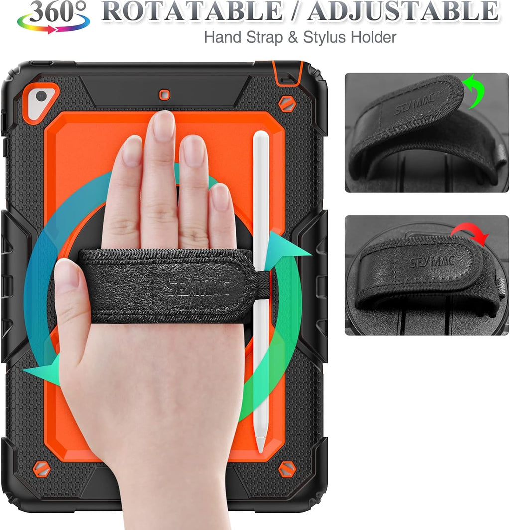 SEYMAC stock Case for iPad 6th / 5th Generation Case/Air 2 / Pro 9.7 inch, Heavy Duty Protective with Screen Protector, with Pencil Holder, Hand Strap, Shoulder Strap, 360 Rotate Stand, Orange+Black