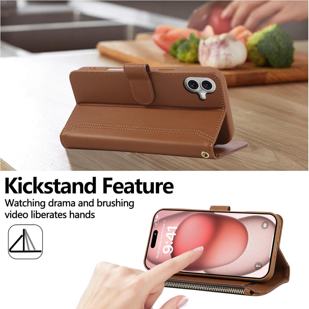 Compatible with iPhone 16 Wallet Phone Case-PU Leather Magnetic Flip Cover with Credit Card Slots,Zipper Pocket & Detachable Wrist Strap,Shockproof Design,for Women and Men-Brown