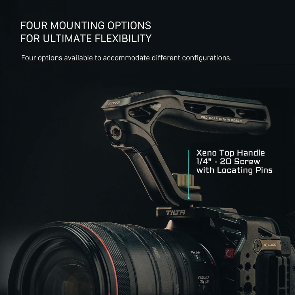 Tilta Xeno Top Handle for Filmmakers & Cameras - Titanium Gray | Aluminum Alloy and Silicone Build | Safety Release Pin | Comfortable Handling (1/4″-20 and 3/8″-16 Threads w/Locating Points)