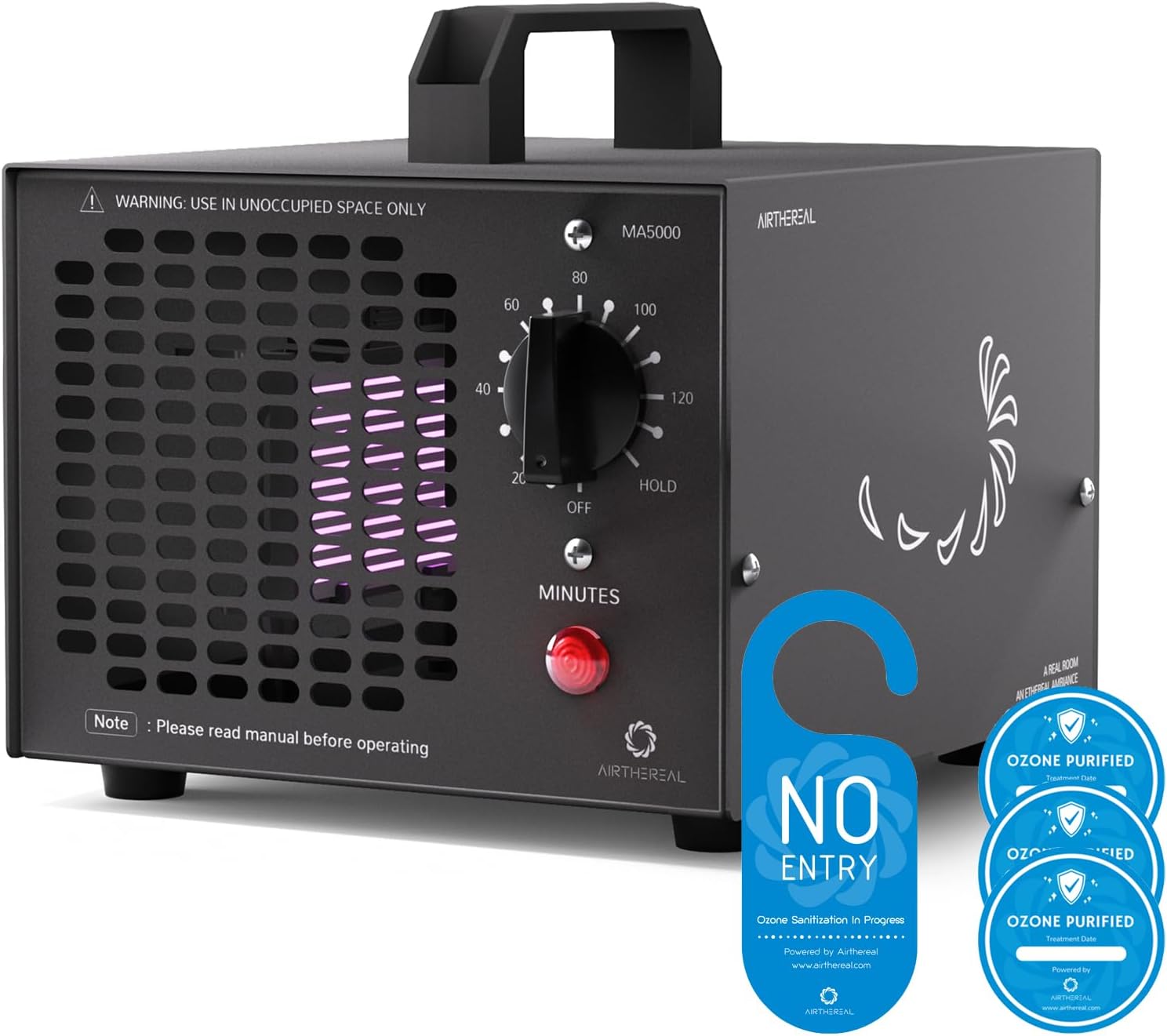 Airthereal MA5000 Commercial Ozone Generator, High Capacity Ozone Machine Odor Removal - Home Air Ionizers O3 Deodorizer for Rooms, Smoke, Cars and Pets, Eliminate Odors up to 2000sq.ft., Black