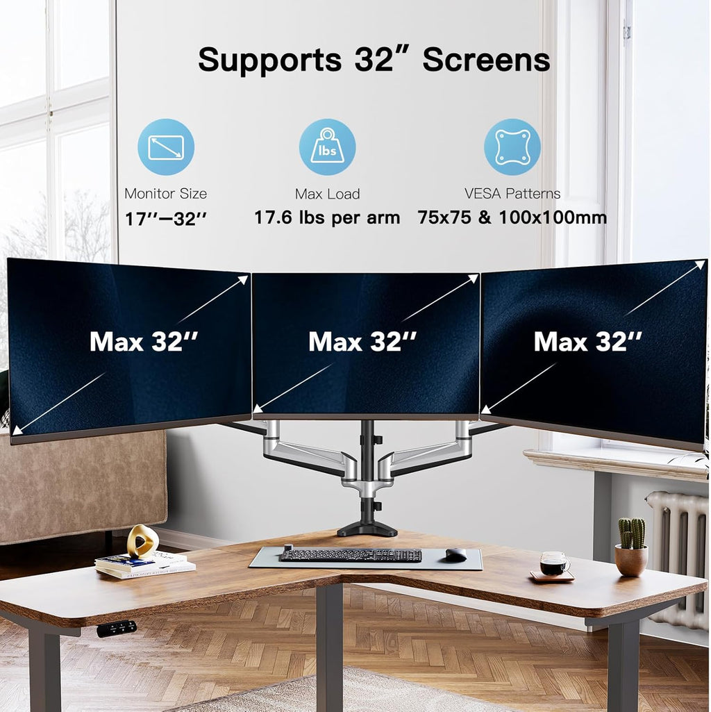 HUANUO Triple Monitor Stand - Full Motion Articulating Monitor Mount Fit Three 17 to 32 inch Flat/Curved LCD Computer Screens with Clamp, Grommet Kit, Silver