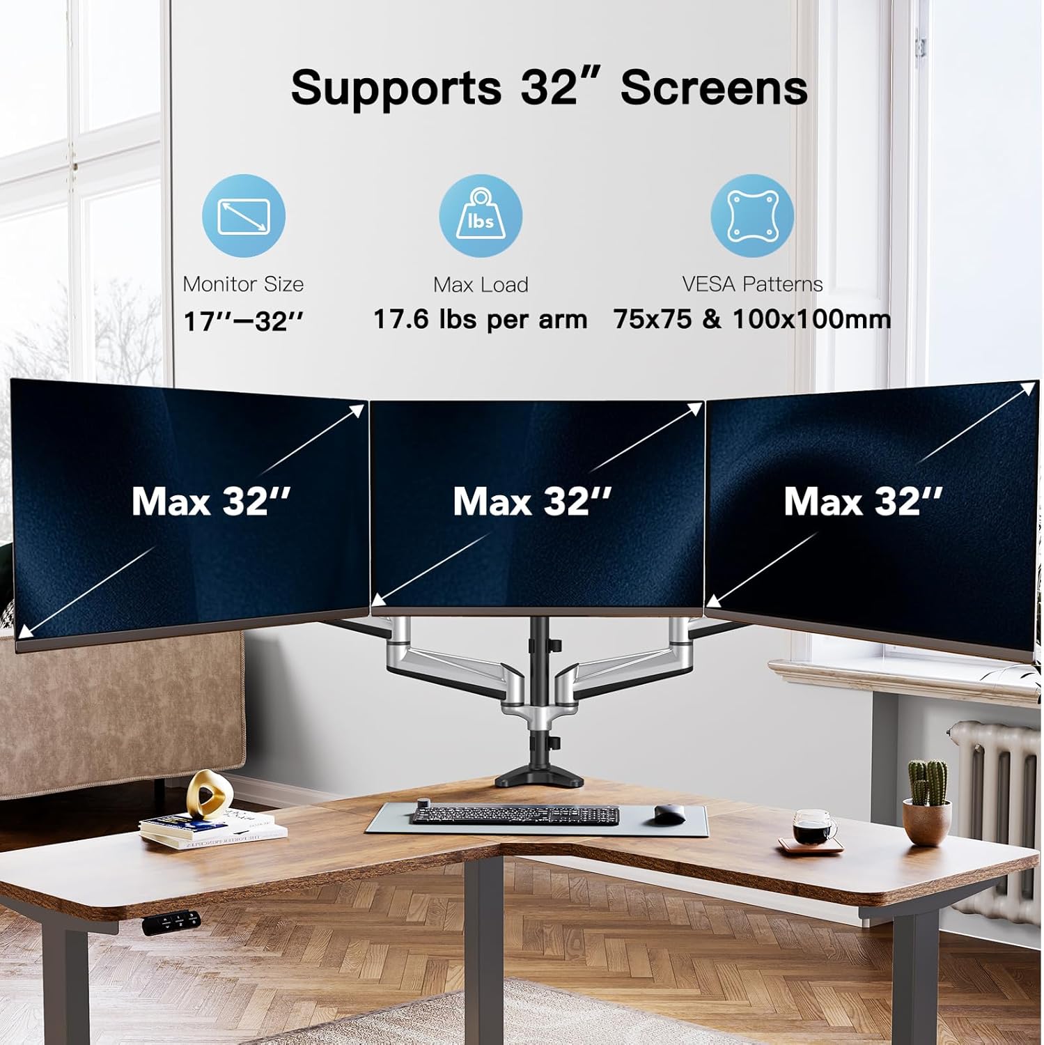 HUANUO Triple Monitor Stand - Full Motion Articulating Monitor Mount Fit Three 17 to 32 inch Flat/Curved LCD Computer Screens with Clamp, Grommet Kit, Silver