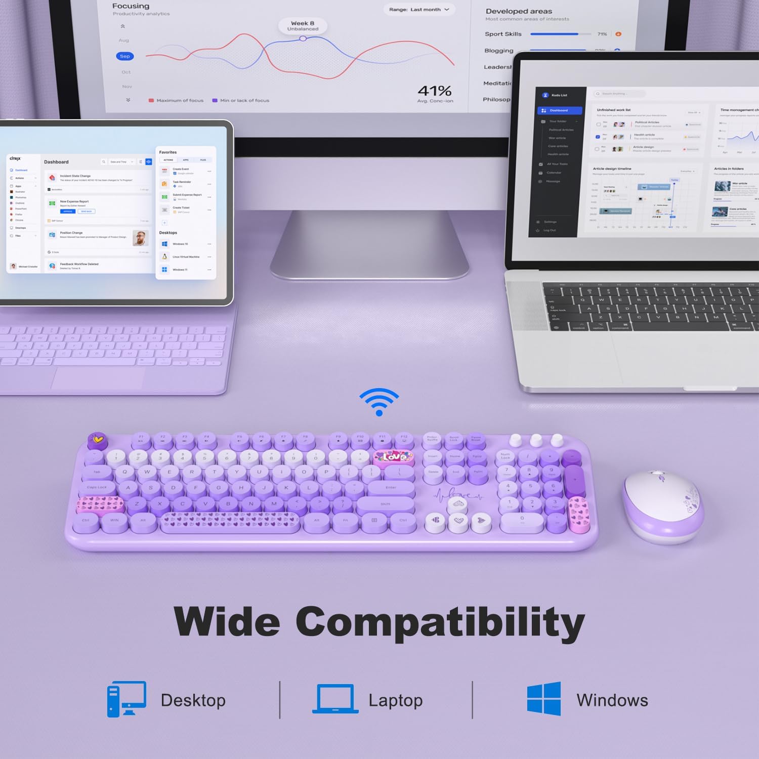 KNOWSQT Wireless Keyboard and Mouse Combo - Lovely Purple Rainbow Full-Sized Typewriter Colorful Keyboards, Round Keycap USB Plug Play Retro Cute Keyboards for Windows, Laptop, PC, Desktop, Computer