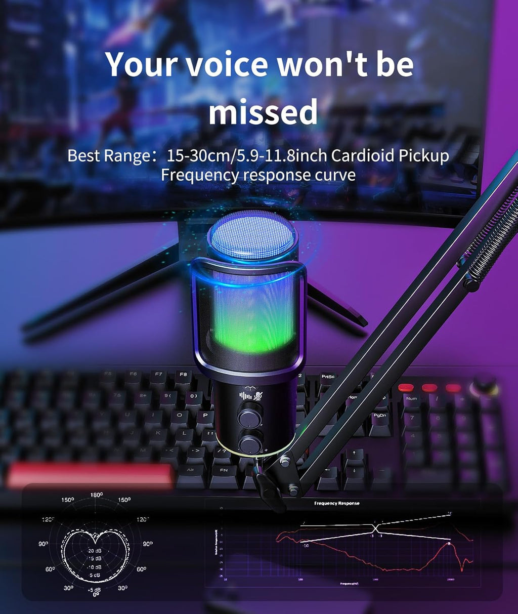 Gaming USB Microphone Kit with Boom Arm - RGB Condenser Mic with Noise Cancellation, Mute Button Reverb Adjustment, Monitoring for Streaming, Podcasting, Discord, YouTube