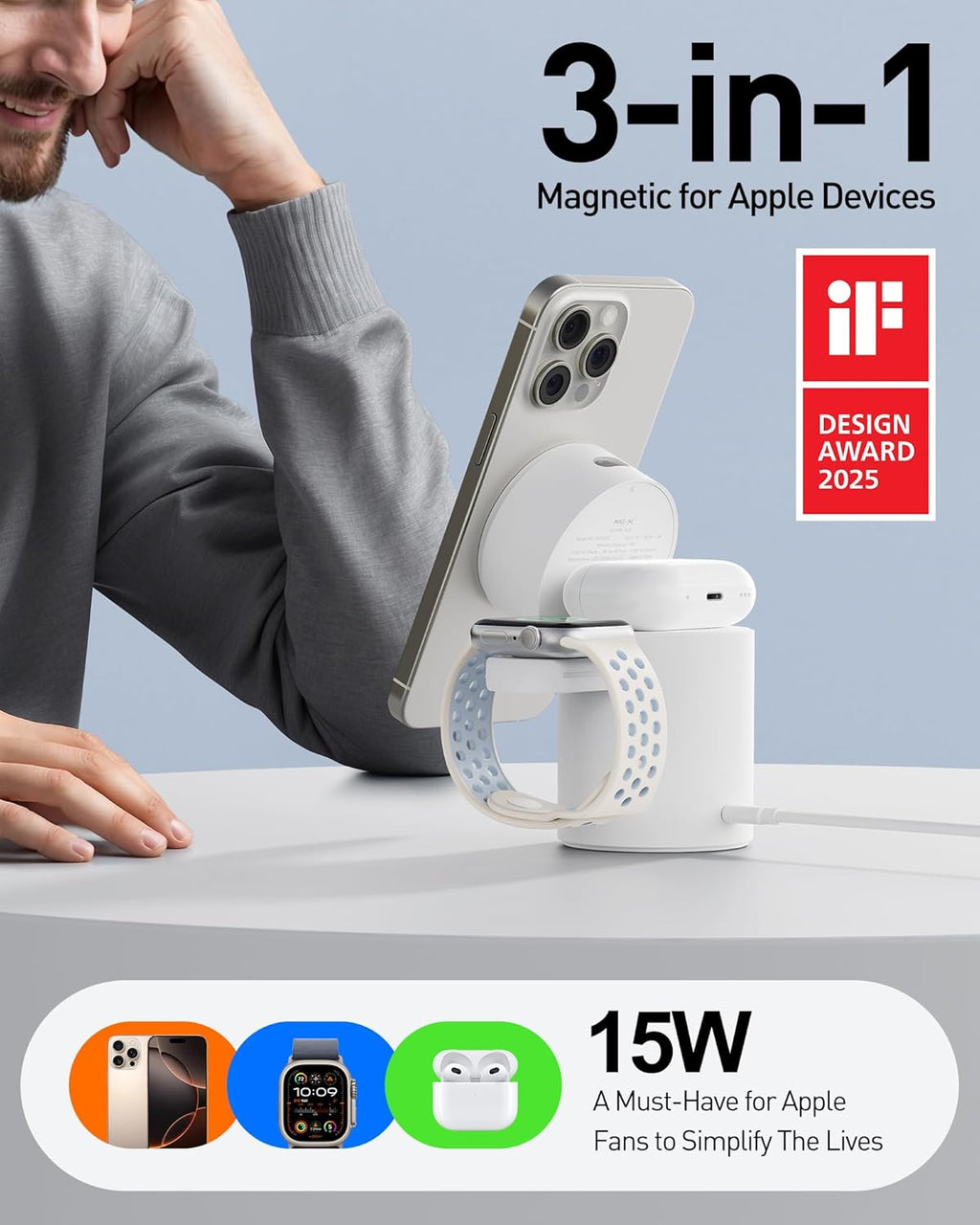 iWALK 3 in 1 Wireless Charging Stand with Auto Rotation, Charging Station with Magnet for Apple Devices, 15W Foldable Wireless Charger Station for iPhone 16 15 14 13 12 & Apple Watch & Airpods, White
