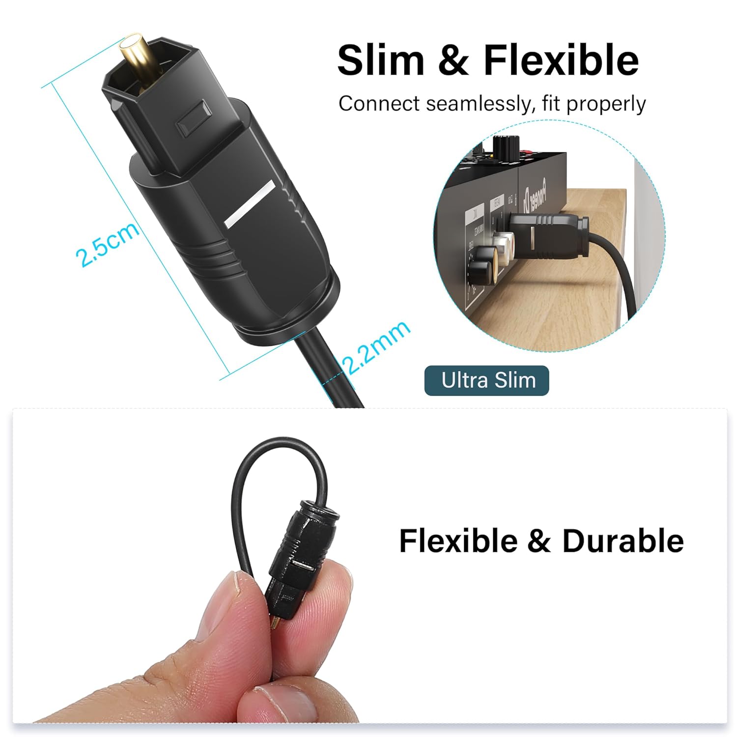 Adoreen Ultra-Thin Slim Digital Optical Audio Cable 10 FT/2 Pack, Fiber Optic Toslink SPDIF Cord Gold-Plated High-Speed Flexible & Durable for TV Soundbar Home Theater Game Console PS4 Xbox +Ties
