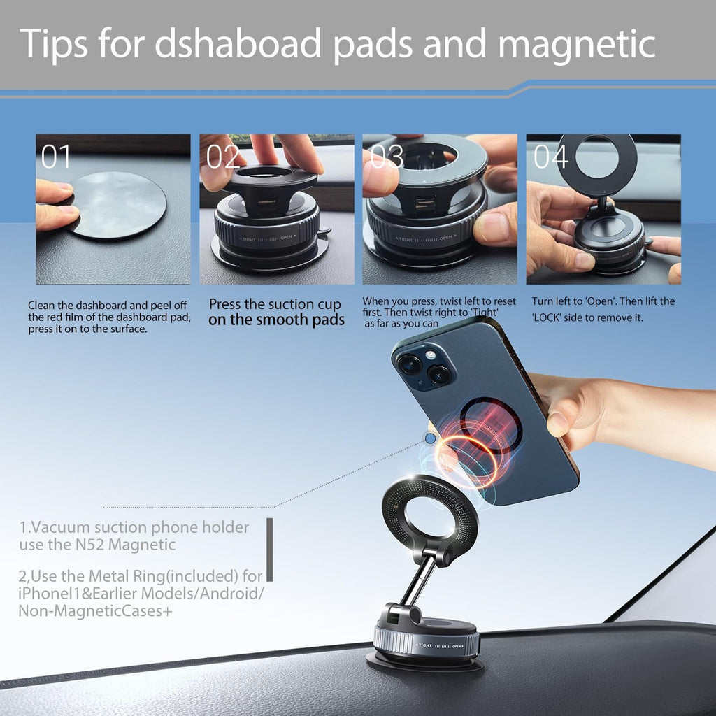 Vacuum Suction Magnetic Phone Holder, 2025 Upgraded Vacuum Suction Cup Mount for Magsafe, 360° Adjustable Foldable Portable Magnetic Car Phone Stand for Cars/Gyms/Mirrors/Smooth Surface (Black)