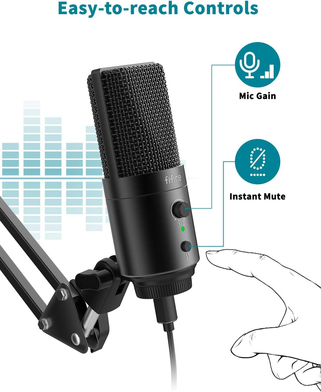 FIFINE USB Desktop PC Microphone with Pop Filter for Computer and Mac, Studio Condenser Mic with Gain Knob Mute Button Headphone Jack for Gaming Streaming Recording YouTube, Extra USB-C Plug-K683A