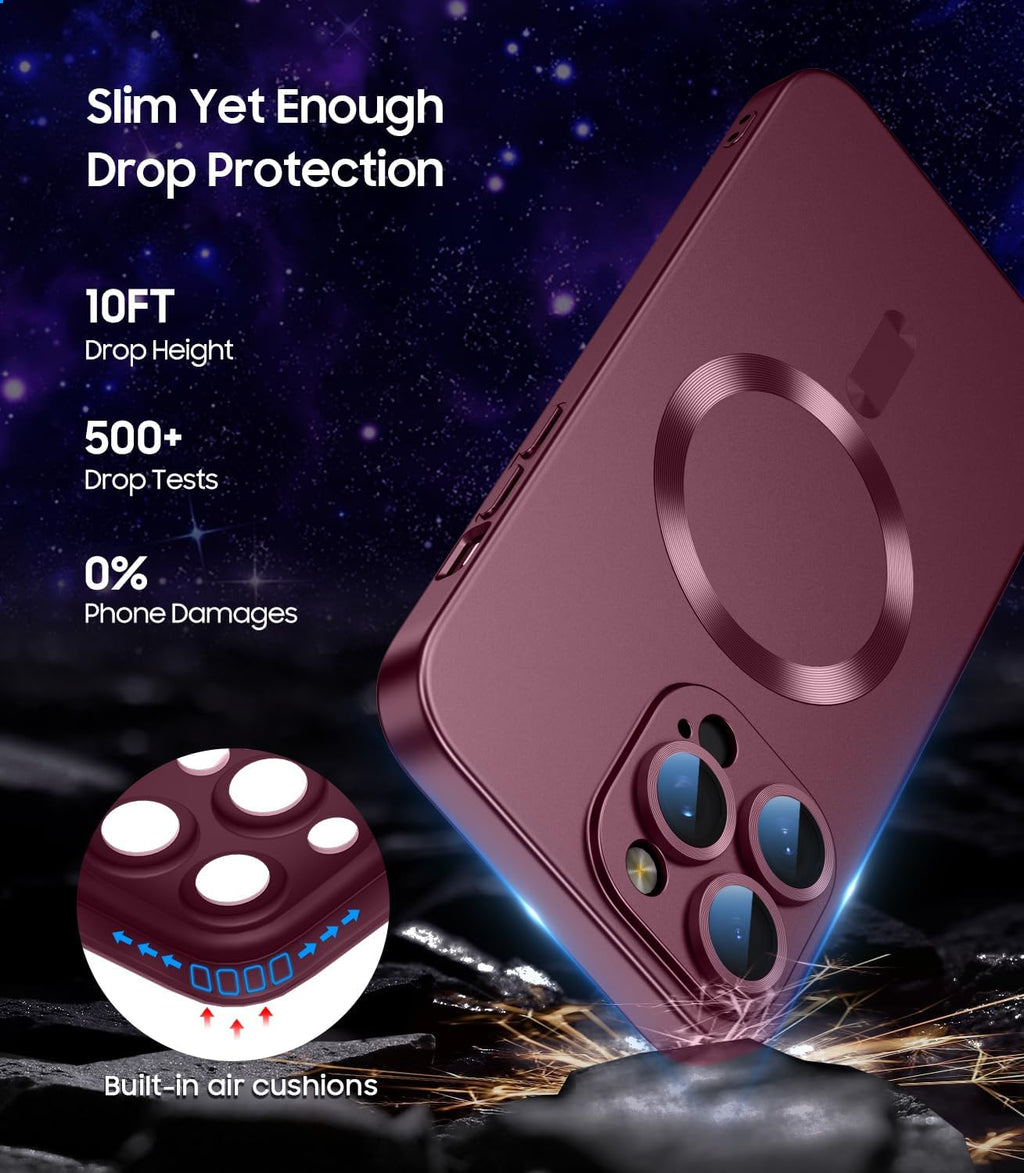 Magnetic for iPhone 16 Pro Max Case [Compatible with MagSafe][Built-in Camera Lens Protector] Slim Soft Silicone Bumper Shockproof Metallic Luster Phone Case (Burgundy)