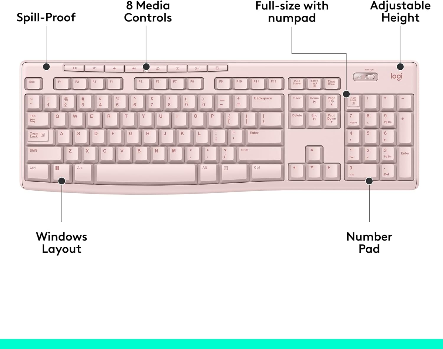Logitech K270 Wireless Keyboard for Windows, 2.4 GHz Wireless, Full-Size, Number Pad, 8 Multimedia Keys, 2-Year Battery Life, Compatible with PC, Laptop - Rose