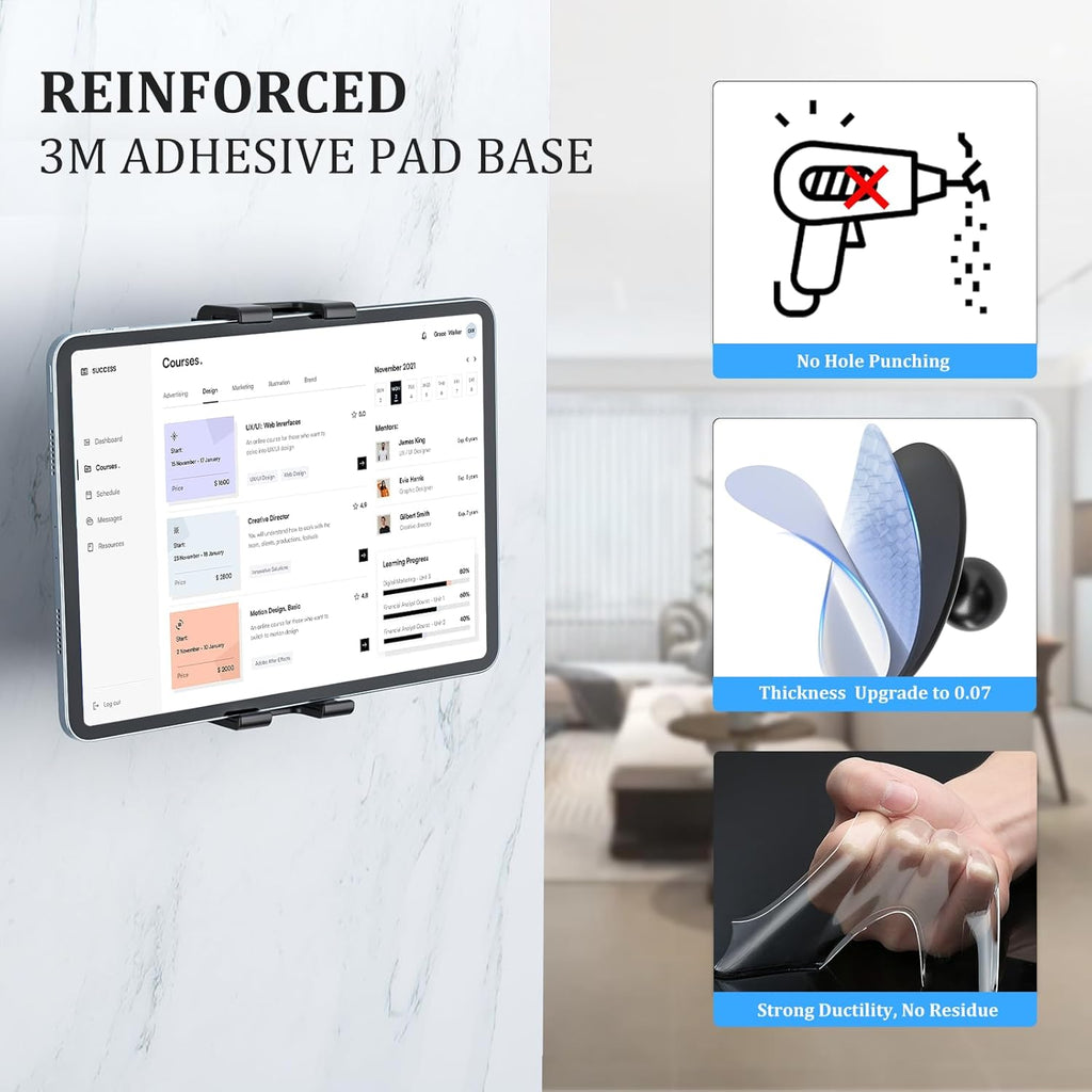 OHLPRO Tablet Wall Mount Holder for iPad, 360° Adjustable Swivel No-Drill 3M Adhesive Stand for Kitchen Compatible with 5-13 Inch Smartphones iPads Samsung Tab Fire HD Kindle & More Devices