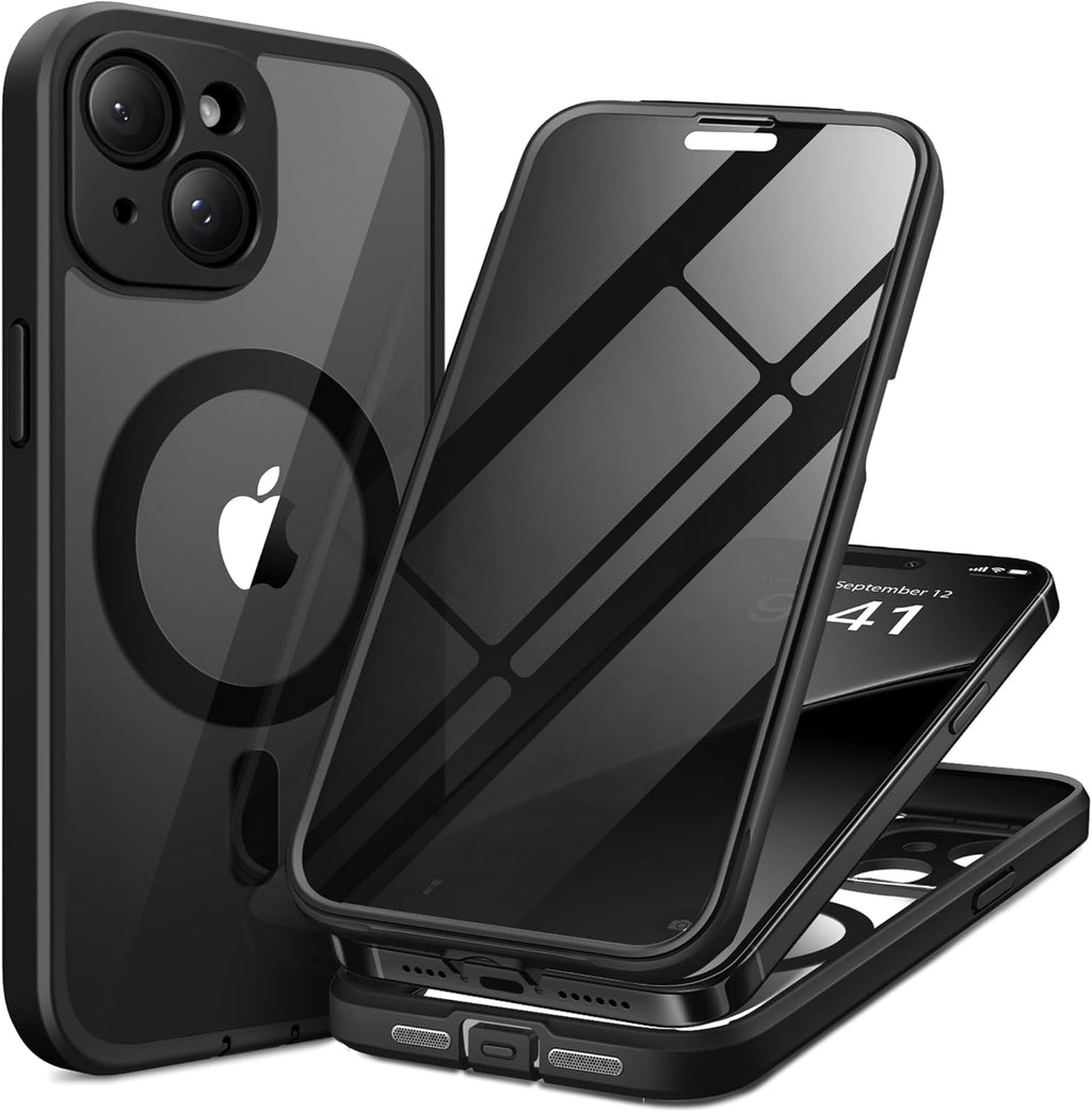 Magnetic for iPhone 15 Case, Compatible with MagSafe, Built-in Privacy Screen Protector and Camera Protection, Anti Spy Full Body Dustproof Shockproof Hard Phone Case 6.1", Black