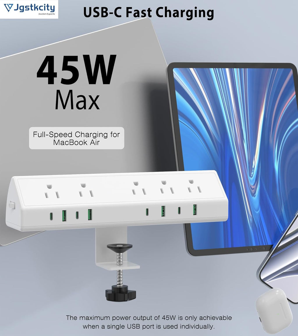 45W Fast Charging Station,Desk Clamp Power Strip,4 PD USB-C Ports,5 AC Outlets,Surge Protector Power Strip, 14AWG Heavy Duty Cord, Fits 1.9" Tabletop Edge (White, 20 FT Cable)