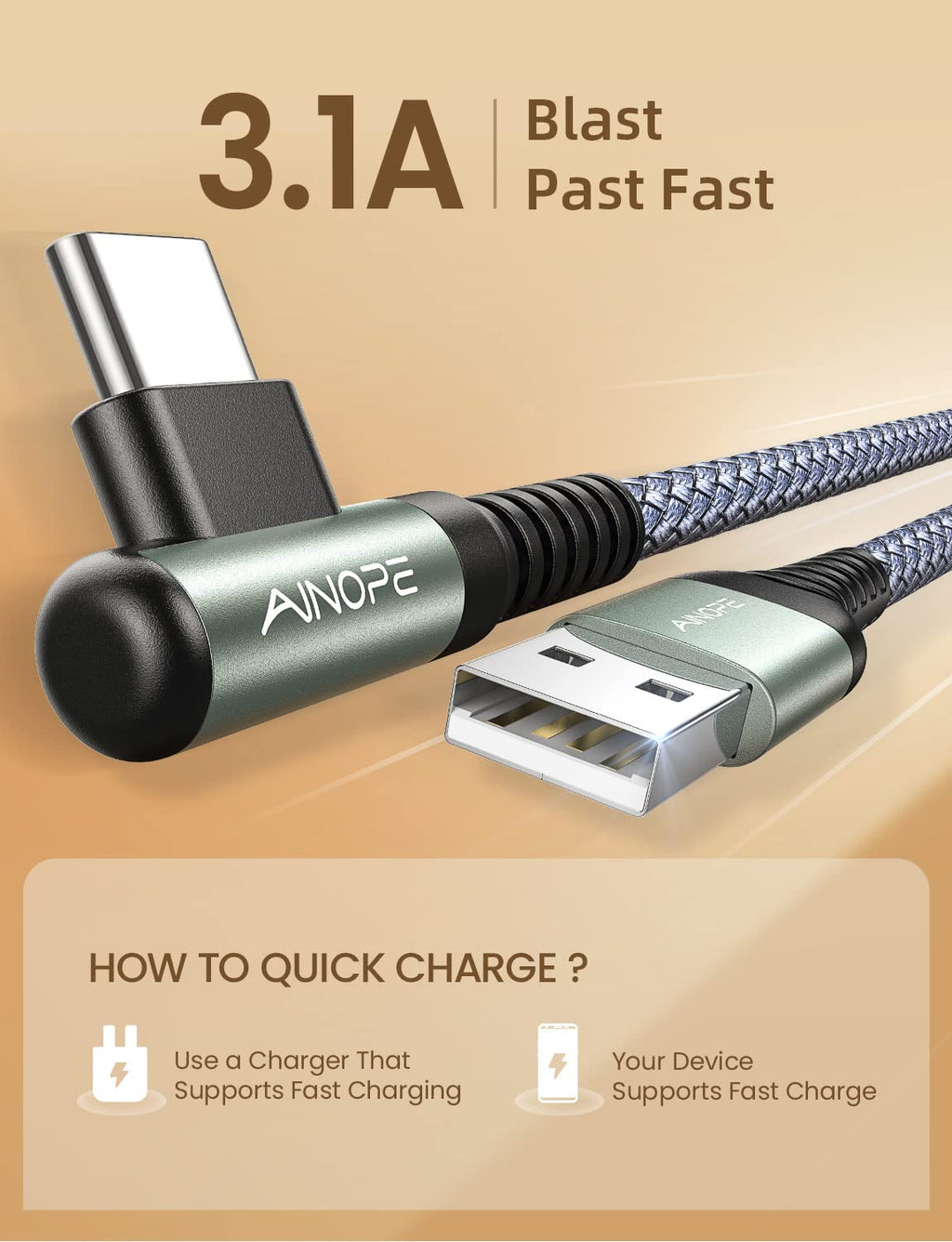 AINOPE USB Type C Cable [2-Pack, 1.6ft] 3.1A Type C Charger Fast Charging Right Angle, Durable Nylon Braided USB C Cable, Smartphone