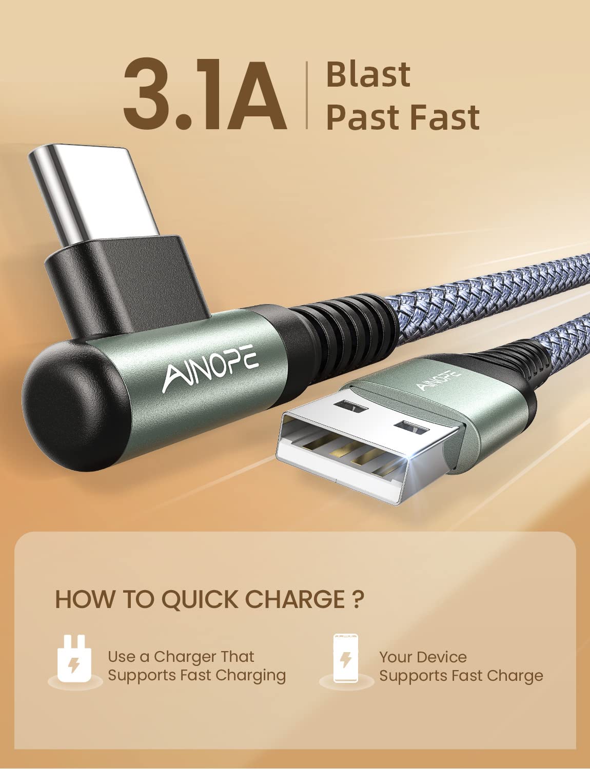 AINOPE USB to USB C Cable [5-Pack, 3.3ft] 3.1A Type C Charger Fast Charging, Right Angle USB to C Cable for Galaxy A15 A25 A35 A55 A54, S10+ S10 S9, Note 20 10 9, LG V30, Moto G, iPhone 16 15 Cord