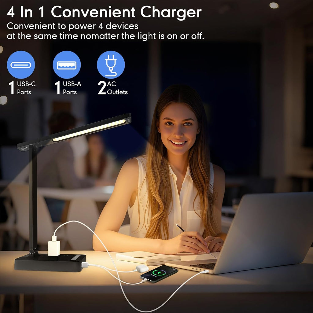 Desk Lamp with 4-Port Charging Station (2 AC Outlets, USB-C, USB-A), 5 Color Modes & Adjustable Brightness, Flexible Gooseneck Arm, Eye-Protecting LED Light Source, Ideal for Home Offices & Bedrooms