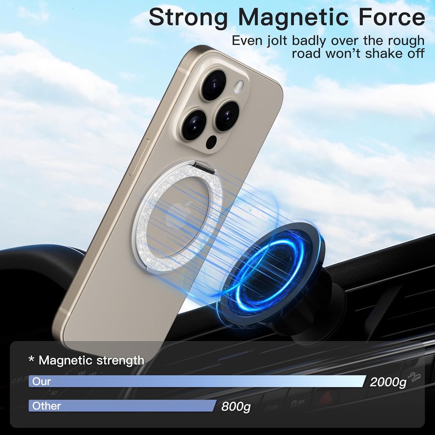 COOLQO 1Pc 360 Spin Cell Grip Ring Phone Stand [Upgrade Gear Hinge Stress Relief] Magnetic Holders for Your car Accessories Desk Mount Compatible with iPhone All Smartphone, Glitter Silver