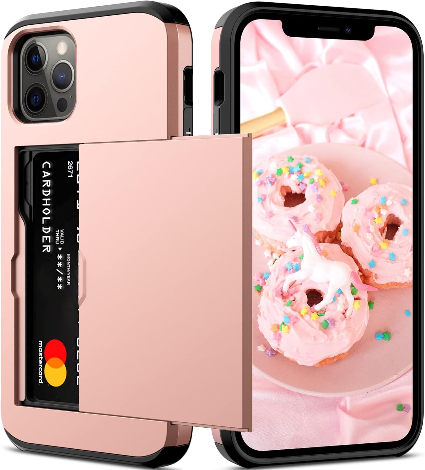Nvollnoe for iPhone 12/iPhone 12 Pro Case with Card Holder Heavy Duty Protective Dual Layer Shockproof Hidden Card Slot Slim Wallet Case for iPhone 12/12 Pro for Men&Women(Rose Gold)