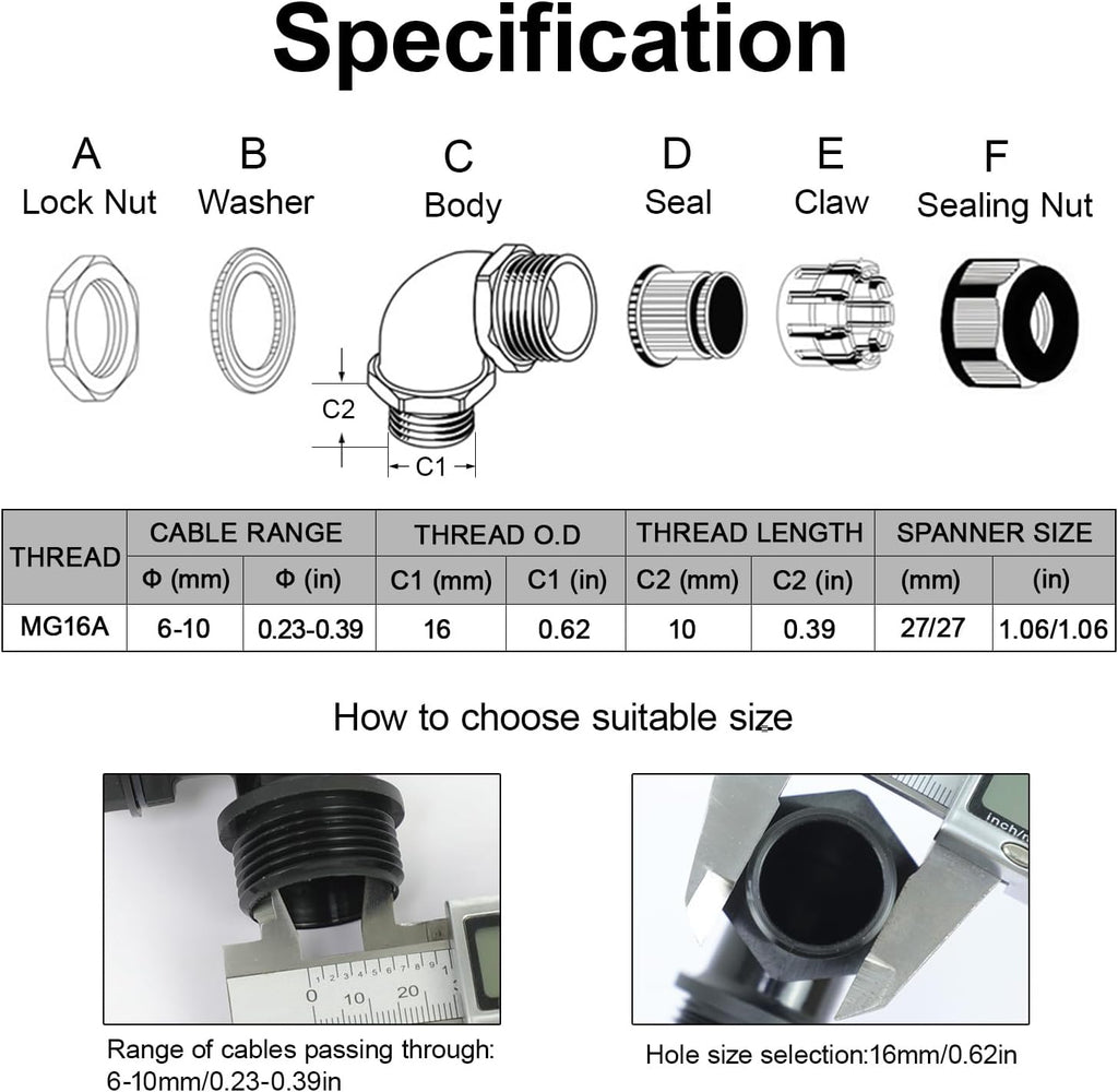 LeMotech M16 Cable Gland, 90 Degree Adjustable 6-10mm Strain Relief, Cord Connectors Nylon Joints with Gaskets, 6 Pcs, Black