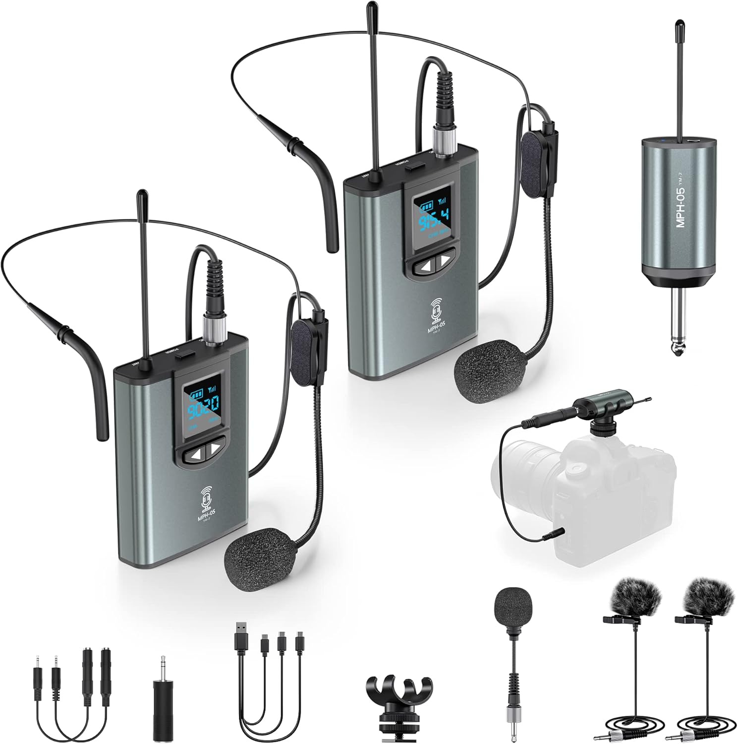 Wireless Microphone System Dual Transmitters Receiver Lavalier/Headset Mic Set Rechargeable Bodypack for PA Speaker, Camera, Video Recording, Teaching, Church, Interview