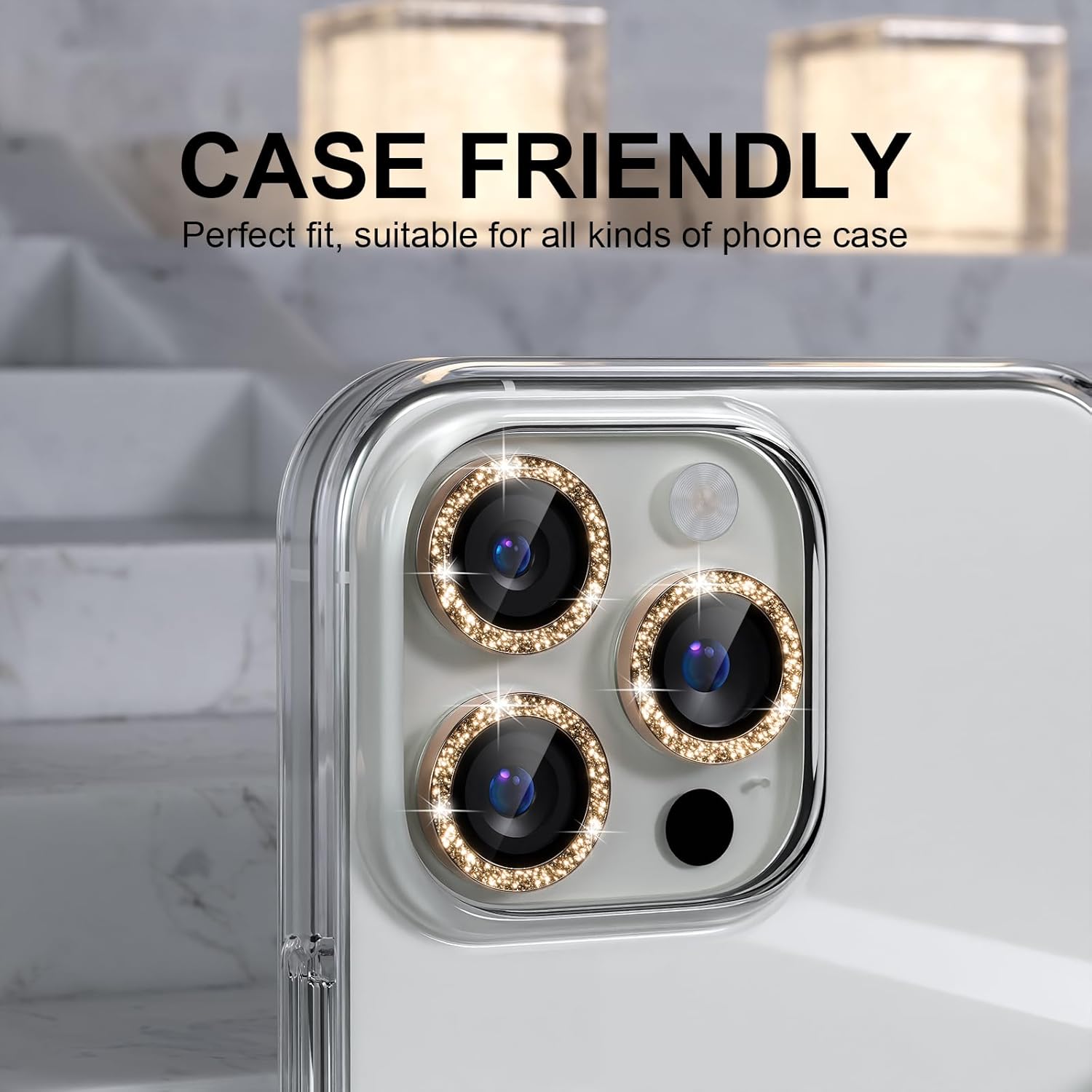Choiche Compatible for iPhone 16 Pro/iPhone 16 Pro Max Camera Lens Protector Bling, 9H Tempered Glass Camera Cover Screen Protector Metal Ring Decoration Accessories (Glitter-Gold)