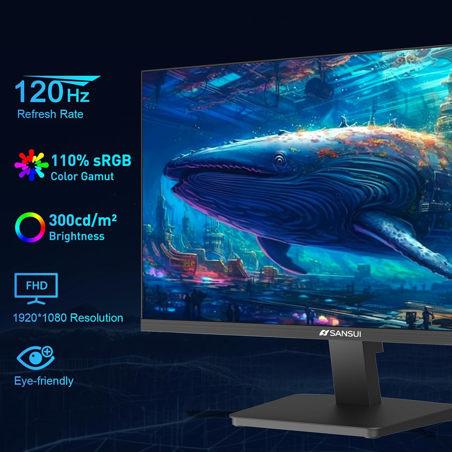 SANSUI 27 Inch Computer Monitor 120Hz, FHD 1080P Monitor, HDMI DP Ports FreeSync, HDR 110% sRGB, Tilt Adjustable Frameless VESA Compatible for Office and Home (ES-27F2, HDMI Cable Included)