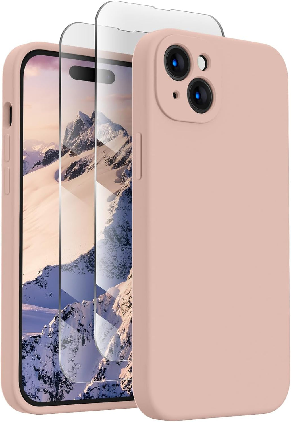 FireNova Designed for iPhone 15 Case, Silicone Upgraded [Camera Protection] Phone Case with [2 Screen Protectors], Soft Anti-Scratch Microfiber Lining Inside, 6.1 inch, Pinksand