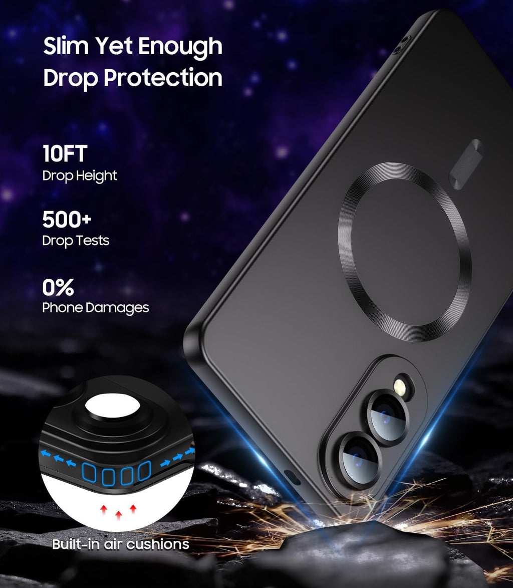 Magnetic for Samsung Galaxy S25 Edge Case [Compatible with MagSafe][Built-in Camera Lens Protector] Slim Soft Silicone Bumper Shockproof Metallic Luster Phone Case (Black)