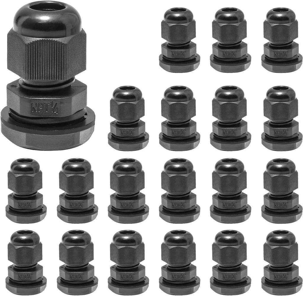 20 Pcs 1/4" NPT Nylon Cable Glands, IP68 Waterproof Adjustable Cord Grip Cable Connector Strain Relief Wire Protectors for 4-6mm Cable Diameter, Black